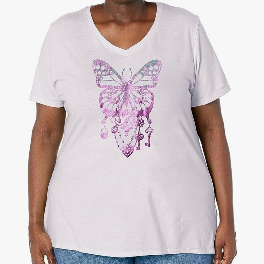 Just My Size Printed Short-Sleeve V-Neck T-Shirt in Bedecked Butterfly Size 1X